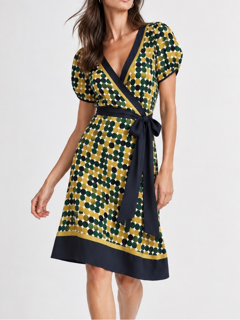 BCBG Maxazria Geometric Circle Printed Faux Wrap Dress